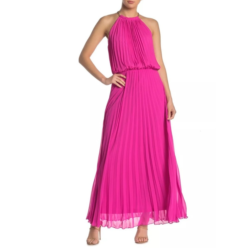 MSK Hot Pink Pleated Halter Maxi Dress